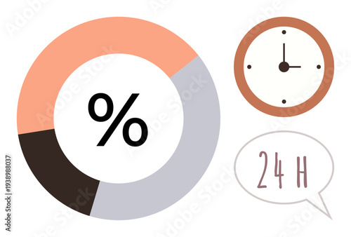 Time management, productivity, analytics, accuracy, business efficiency, data visualization. Doughnut-shaped chart with percentage, round clock and 24-hour speech bubble. Time management