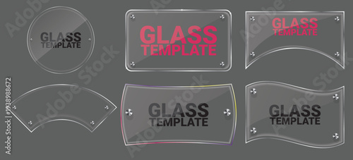 Realistic transparent glass panel template collection with metal screws, curved and rounded shapes for UI design, banner, presentation layout and website interface