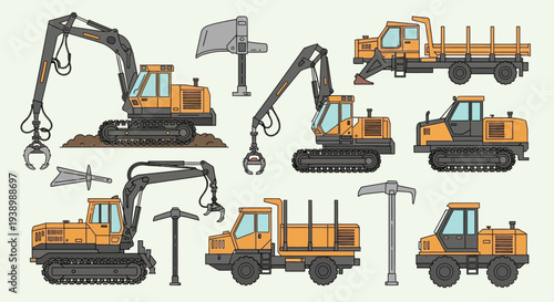 Construction and Industrial Heavy Machinery Set: Excavators, Trucks, and Loaders