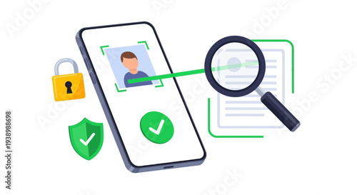 Biometric Identity Verification and Security Scan on Smartphone with Magnifying Glass and Padlock