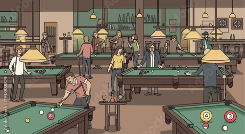 People playing pool in a lively bar with billiard tables and drinks