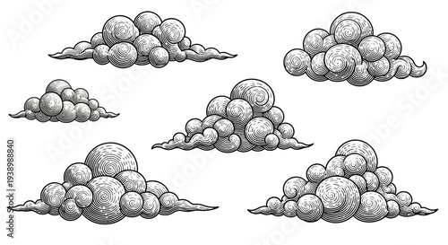 Vintage Clouds, Engraved Style, Stylized Cumulus, Black and White Illustration