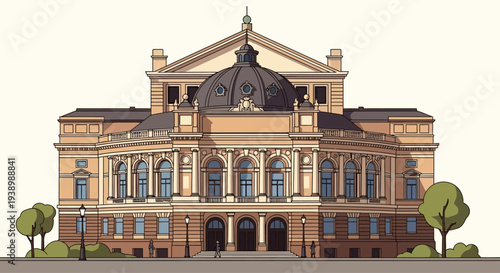 Elegant Opera House Facade with Dome and Arched Windows, Classical Architecture