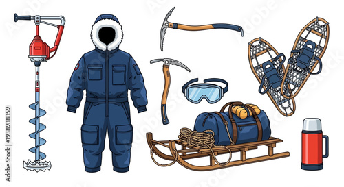 Arctic Expedition Gear: Ice Drill, Parka, Sled, Snowshoes, Ice Axes, Goggles, Thermos