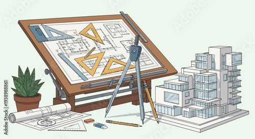 Architectural design and planning: blueprint, model building, drafting tools, and plant