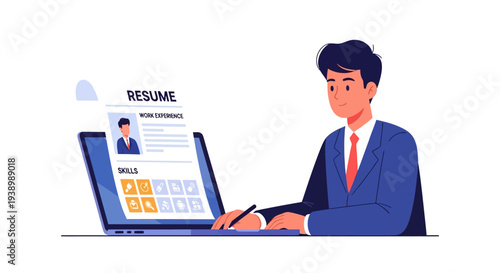 Professional man actively crafting his resume online on a laptop, showcasing career development and job search preparation for new opportunities