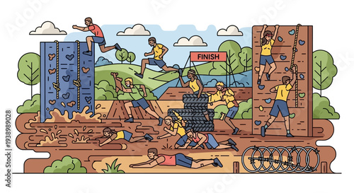 Obstacle Course Race: Mud Run Challenge with Diverse People Overcoming Hurdles