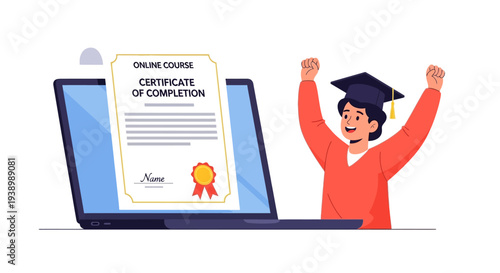Joyful student celebrates online course completion with a digital certificate on laptop, symbolizing modern academic achievement and future success