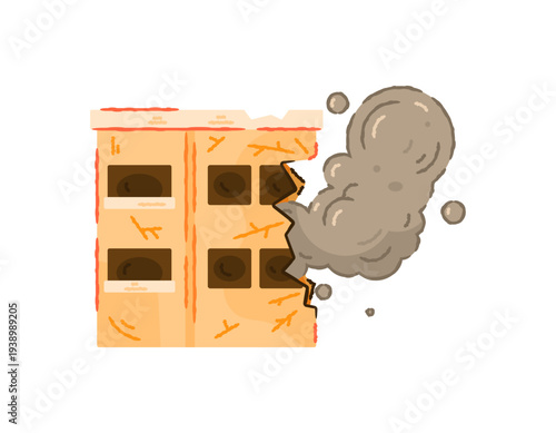 Illustration of a building damaged by war. A building with holes in the sides and smoking due to the effects of missile fire, cracks, destruction. Natural disaster, earthquake. Flat style illustration
