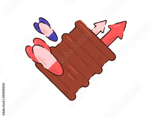 Illustration of a barrel or drum of oil with a missile symbol and an upward arrow. Concept of rising fuel prices due to war and fuel crises, impact of war, economic problems. Flat style illustration 