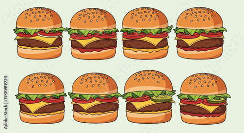 Eight Delicious Cheeseburgers Arranged in Two Rows on a Light Green Background