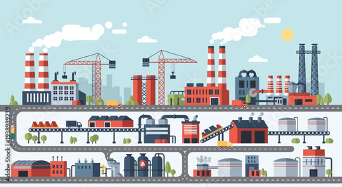 Industrial complex with factories, production lines, and urban skyline background.