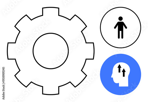 Development concept. Development with a gear symbol, a human figure, and a head icon progress. Development in technology, innovation, psychology, and education. For design business technology