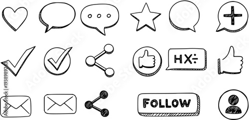 Hand-Drawn Social Media and Communication Icons Set. Doodle Sketch Black and White Line Art Symbols for Digital Marketing, Web Design, and UI Elements.
