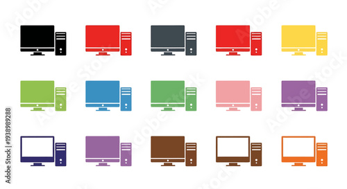Collection of desktop computer icons in various colors, including black, red, yellow, green, blue, purple, brown, and orange, arranged in rows.
