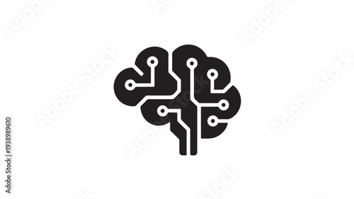 Artificial brain with circuit board design in modern minimalist style with dark monochromatic color on white background for technology logo