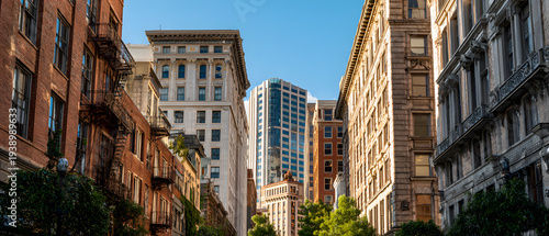 Modern city street with tall buildings and clear sky urban architecture minimalist style