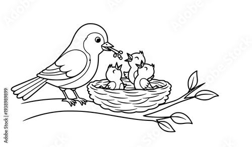 Cute Mother Bird Feeding Baby Birds in Nest Simple Line Art Coloring Page for Kids Animal Nature Illustration