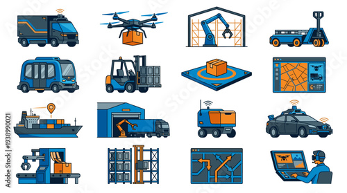 Set of autonomous logistics and smart delivery technology icons vector illustration