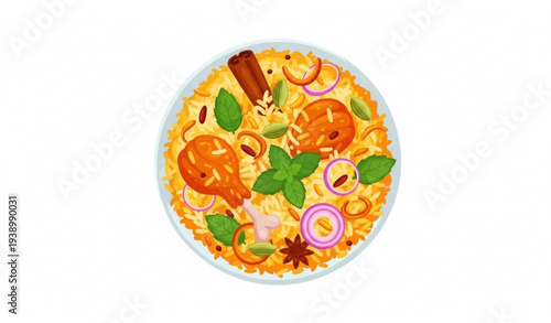 Top view biryani rice dish vector with chicken spices and herbs Indian restaurant food
