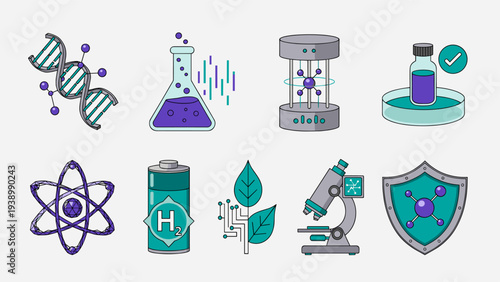 Biotechnology and laboratory science icons featuring DNA flask and microscope vector illustration