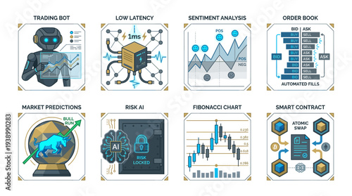 Cryptocurrency and stock market trading technology icons including AI bot and charts vector illustration