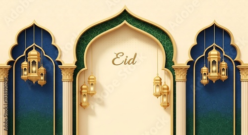 Elegant Islamic Archway with Lanterns and the word Eid, celebrating a joyous festival with traditional Islamic architecture and cultural symbolism