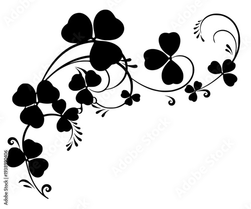A black vector graphic featuring stylized clover or shamrock vines. This decorative floral border includes elegant swirls and organic curves, making it ideal for St. Patrick's Day themes. 