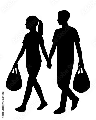 black silhouette of a couple in profile, holding hands while walking and carrying shopping bags. This clean vector illustration represents consumer lifestyle, retail activity, and urban relationships.