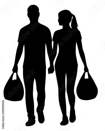 A black silhouette of a couple holding hands while walking and carrying shopping bags. This clean vector illustration represents consumerism, retail therapy, relationships, and everyday urban life.