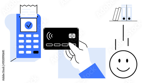 Contactless payment. Tap-to-pay card with reader showing secure transaction approval. Contactless payment enables quick, efficient purchases. For retail, e-commerce, technology, finance, innovation