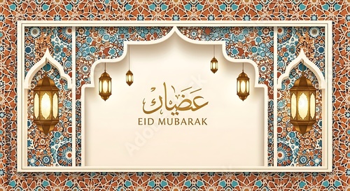 Elegant Eid Mubarak Greeting Card Design with Traditional Lanterns and Ornate Arabic Patterns, perfect for Islamic Celebration Banners
