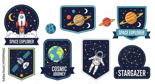 Collection of space themed patches and emblems.