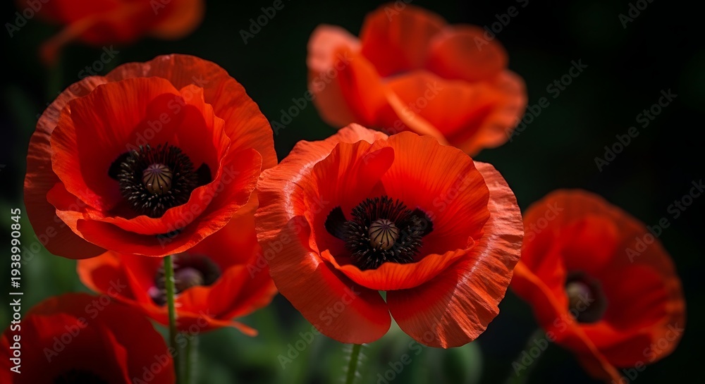 Obraz premium Vibrant red poppies in full bloom with dark centers, set against a blurred natural background