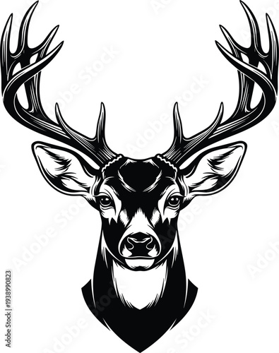 Deer head silhouette illustration, antler wildlife vector, majestic animal profile graphic, nature symbol design, hunting icon artwork, educational clipart resource