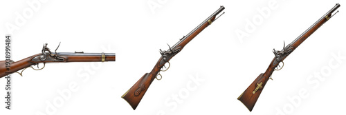 Quadro su tela Set of Antique Flintlock Muskets and Vintage Rifles with Wooden Stock Isolated o