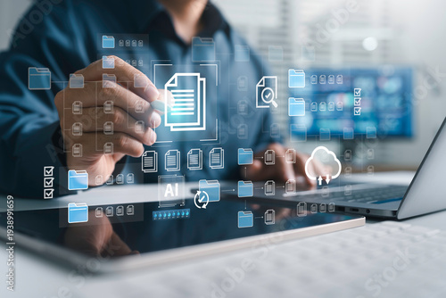 AI document management concept with intelligent data processing system, digital file storage organization, documentation database, automated workflow integration on laptop, smart business technology