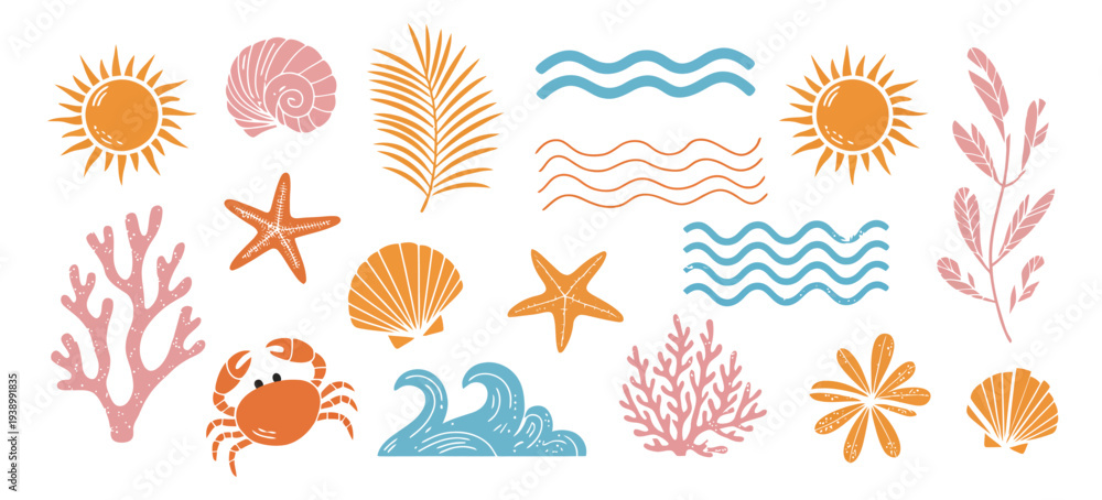 Fototapeta premium Hand Drawn Summer Vintage Sticker Set with Boho Palm Tree, Sun, Ocean Waves, Seashells, Coral and Crab, Naive Groovy Style Tropical Surf Club Vacation Travel Vector Collage