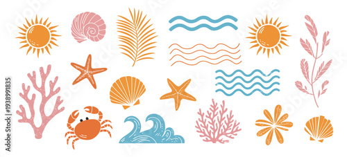 Hand Drawn Summer Vintage Sticker Set with Boho Palm Tree, Sun, Sea Waves, Seashells, Coral, and Crab in Naive Groovy Style – Tropical Surf Club Vacation and Travel Concept Vector Collage Elements for