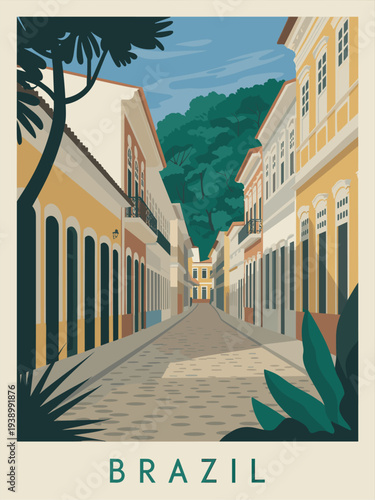 Flat retro-style illustration of a sunny Salvador street with colonial buildings, cobblestone road, tropical trees, and warm Brazilian colors. Vintage travel poster design with “BRAZIL” text.
