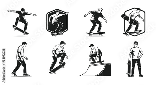 Monochrome Skateboarders Vintage Illustration Pack - Extreme Sports Line Art Vector Set