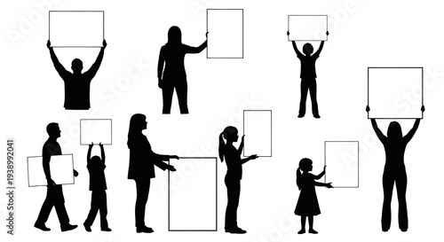 Communication: Diverse People Holding Blank Signs - Black Silhouette Vector Set