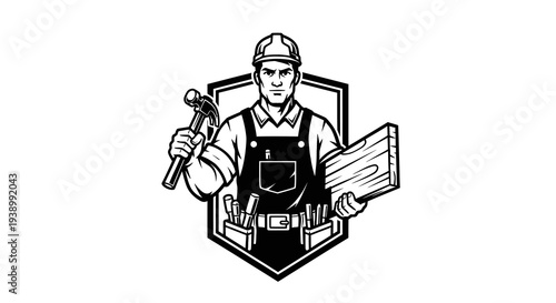 Black  White Vector Illustration of a Construction Worker with Hammer and Wood Emblem