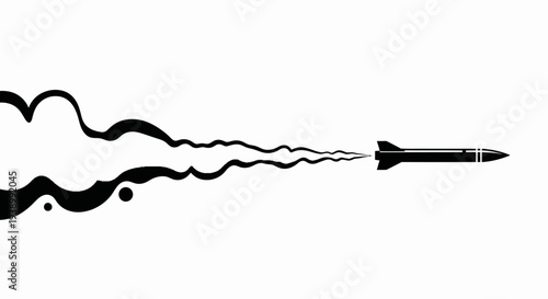 Black  White Stylized Vector Military Technology Rocket Missile with Smoke Trail