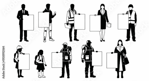 Diverse Occupations Holding Blank Signs - Black  White Stylized Vector Art