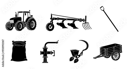 Black and White Agriculture Farming Equipment and Tools Icons Set