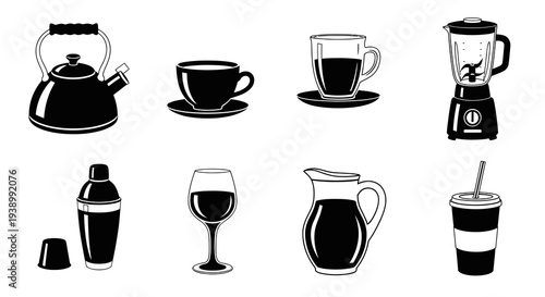 Beverage and Kitchenware Black and White Glyph Icons Set for Drinks