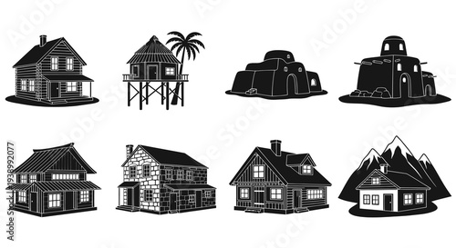 Architecture Glyph Icons Set: Black  White Dwellings, Houses  Homes Collection