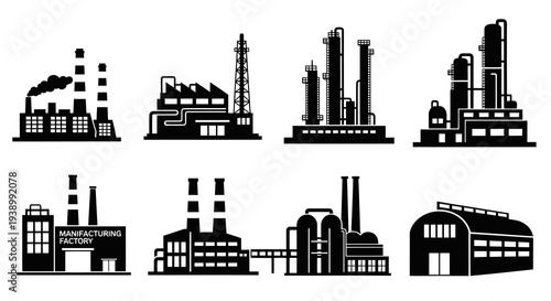 Black Silhouette Industrial Factory Buildings Glyph Icons Set