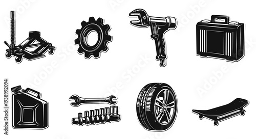 Automotive Repair Tools  Equipment Set in Monochrome Engraving Style
